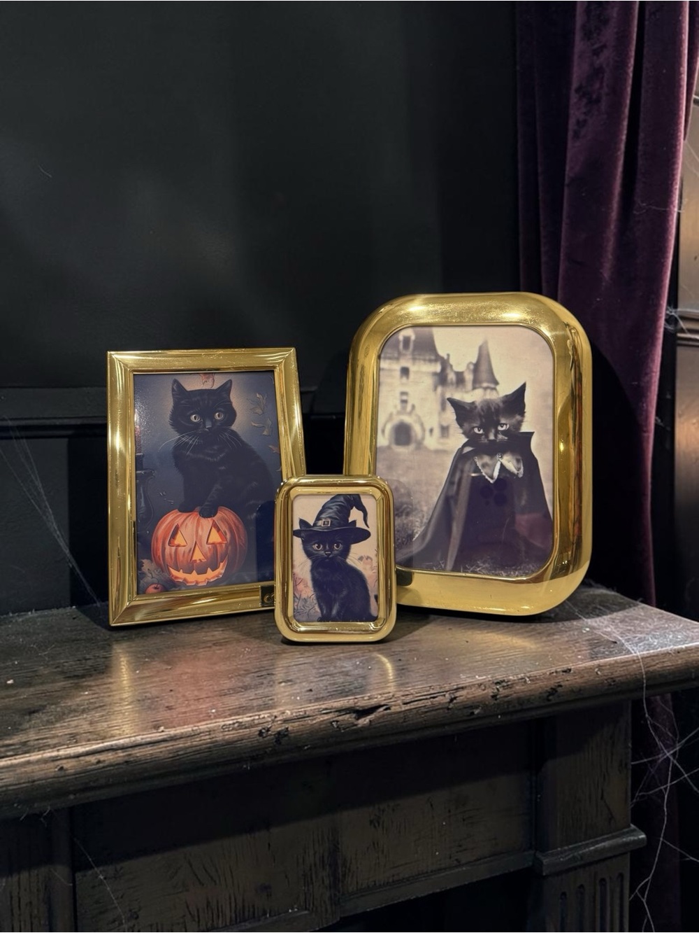 Vintage 1970s Solid Brass Cat Picture Frames – Whimsical Holiday Decor Set (3)